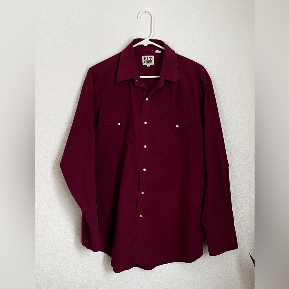 Ely Cattleman maroon men’s western pearl snap long sleeve size large